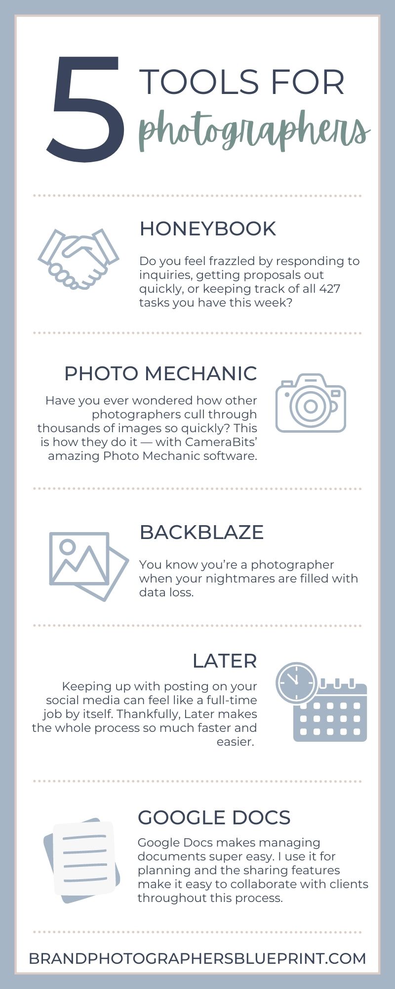 infographic about 5 tools that all brand photographers need to summarize the entire article