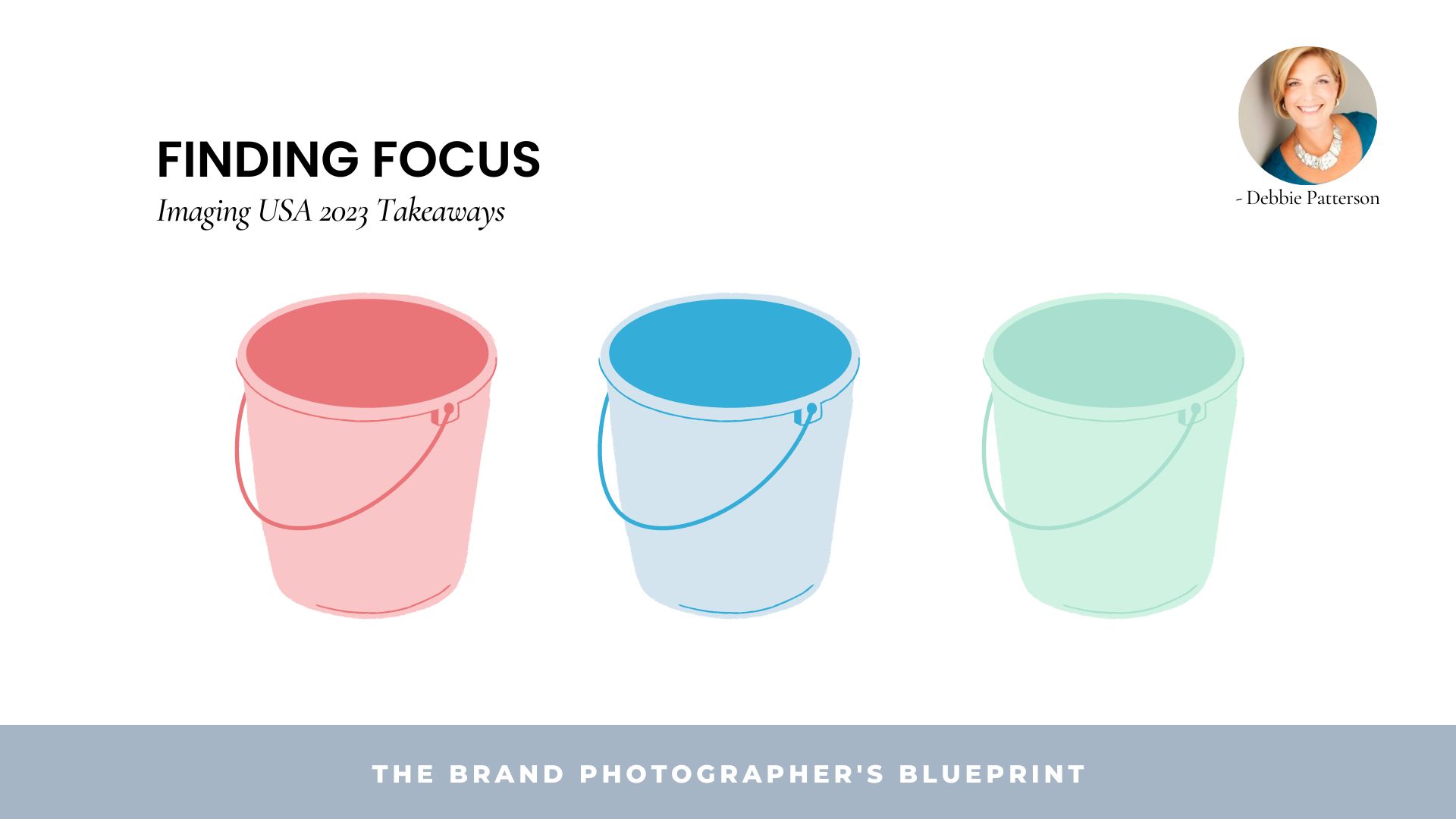 graphic of debbie patterson's focus method to help you figure out what your next step should be - shows 3 buckets, one red, one blue, and one green.